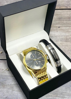 Подарочный набор для мужчины часы и браслет + коробка #23304822