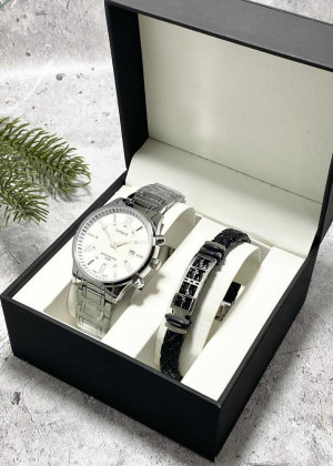 Подарочный набор для мужчины часы и браслет + коробка #23304837